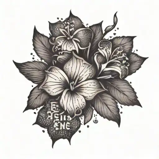 Violet and Primrose flowers with the word "Cheyenne" incorporated into the stem tattoo design idea