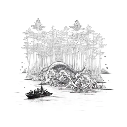 A boat sailing through a forest filled with animals tattoo design idea