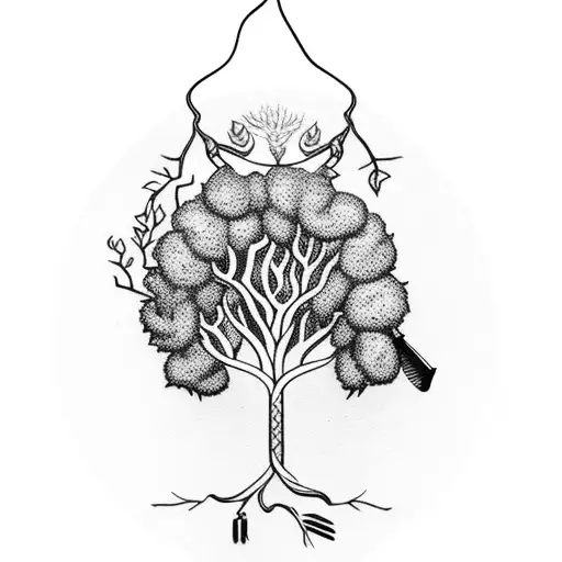A coffee bean tree with hunting tools hanging from the branches tattoo design idea