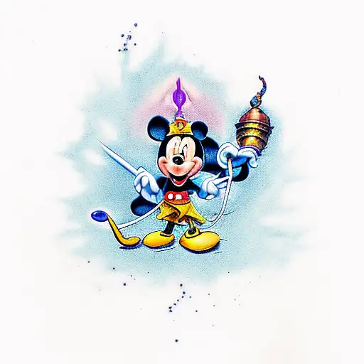 Disney heroes and villains coming out of Genie smoke with Sorcery Mickey holding a lamp at the bottom tattoo design idea