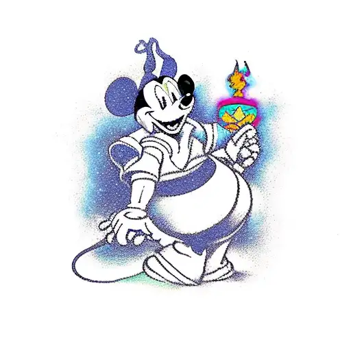Disney heroes and villains coming out of Genie smoke with Sorcery Mickey holding a lamp at the bottom tattoo design idea