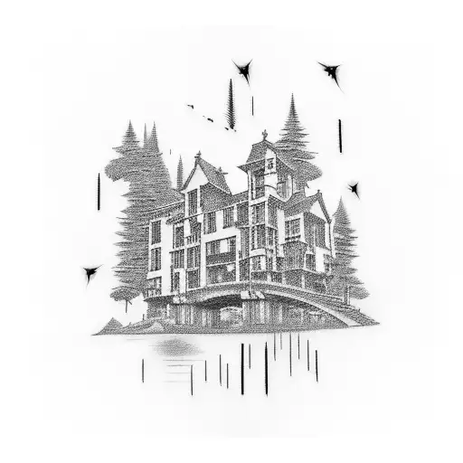 Tattoo on the whole arm of a young man's ghostly estate with a bridge, in black and red. Abstract transitions tattoo design idea