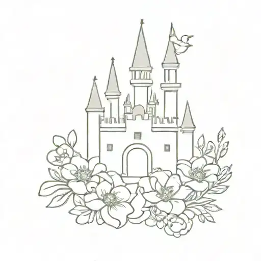 disney cartoon castle with birth flowers surrounding tattoo design idea