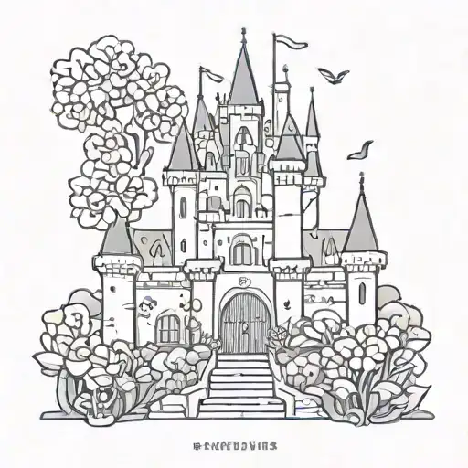 disney cartoon mininalist castle with birth flowers surrounding tattoo design idea