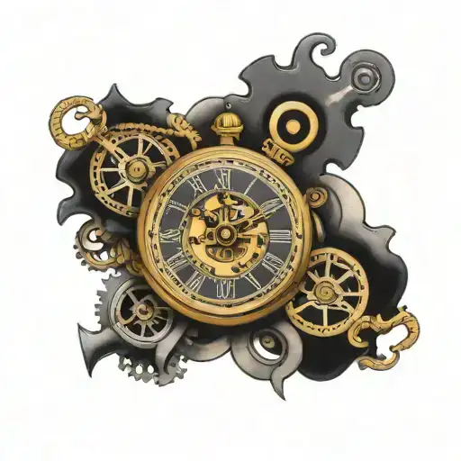 An intricate clock mechanism intertwined with nautical elements like anchors and waves tattoo design idea