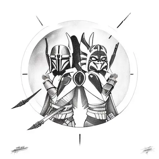 A tattoo of Ahsoka Tano and the Mandalorian battling side by side tattoo design idea