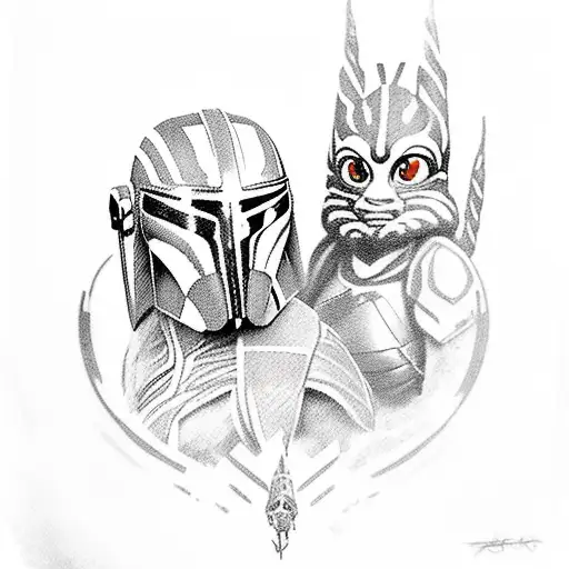 A realistic tattoo of Ahsoka Tano and the Mandalorian battling side by side tattoo design idea