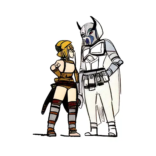 A tattoo of Ahsoka Tano and the Mandalorian battling side by side tattoo design idea