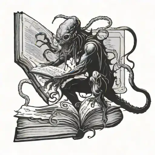 Eldritch horror creature emerging from a book tattoo design idea