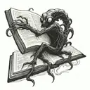 Eldritch horror creature emerging from a book tattoo design idea