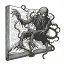 Eldritch horror creature emerging from a book tattoo design idea
