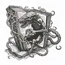 Eldritch horror creature emerging from a book tattoo design idea