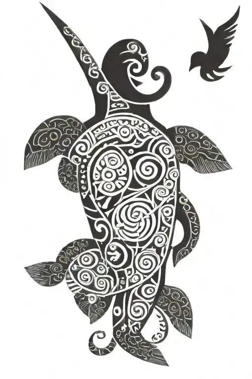 maori style 3D  tattoo with turtle, mask, moon,  fish hook, Pikorua, Manaia  tattoo design idea