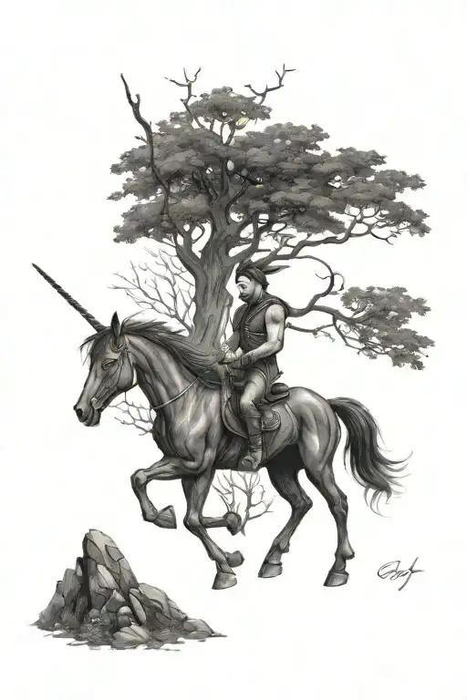 Dark forest with a black unicorn and evil faery tattoo design idea