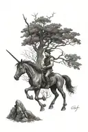 Dark forest with a black unicorn and evil faery tattoo design idea
