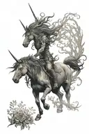 Dark forest with a black unicorn and evil faery tattoo design idea
