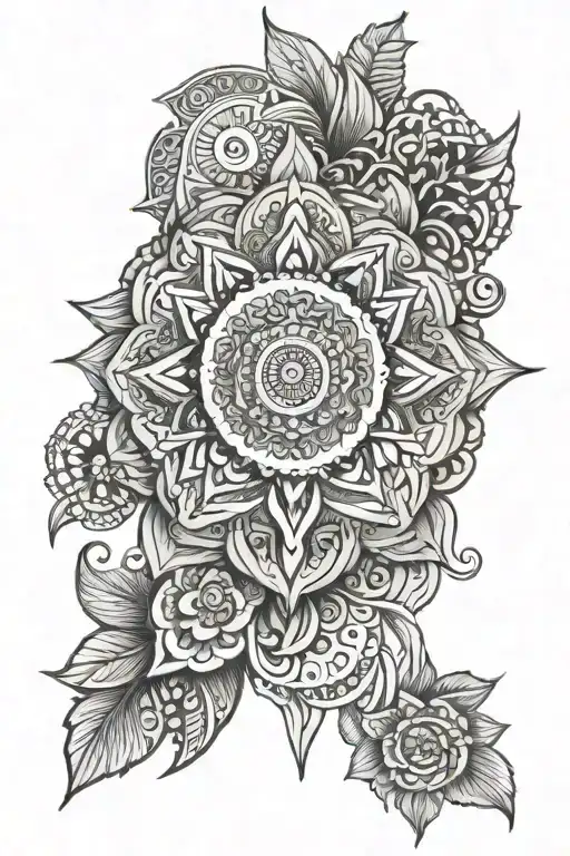 An intricate mandala design incorporating elements of Aruban culture and beach motifs, symbolizing inner peace and wanderlust tattoo design idea