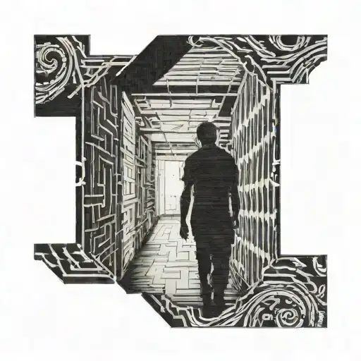 silhouette of the back of a man looking down a long empty hallway, with a rectangular frame  tattoo design idea