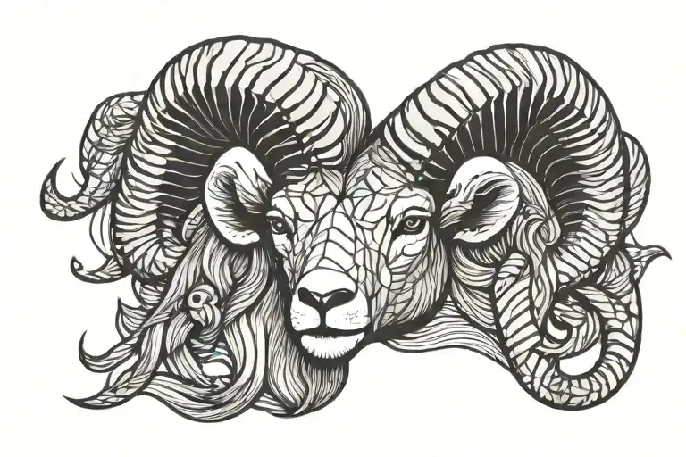 ram face from front with long horn. as aries sign. tattoo design idea
