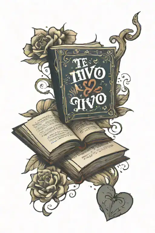 open book with the words te vivo coming from the pages with a heart also floating above tattoo design idea