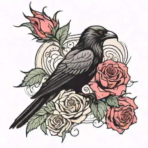 rose with crow and human heart tattoo design idea