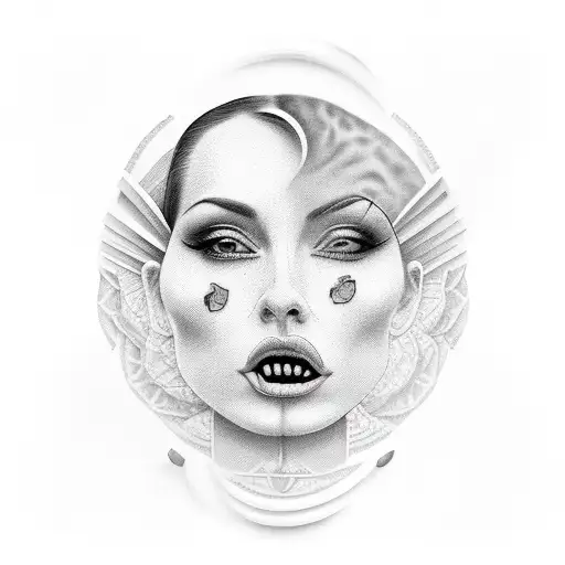  woman biting a roll of 100 dollar bills tattoo design idea