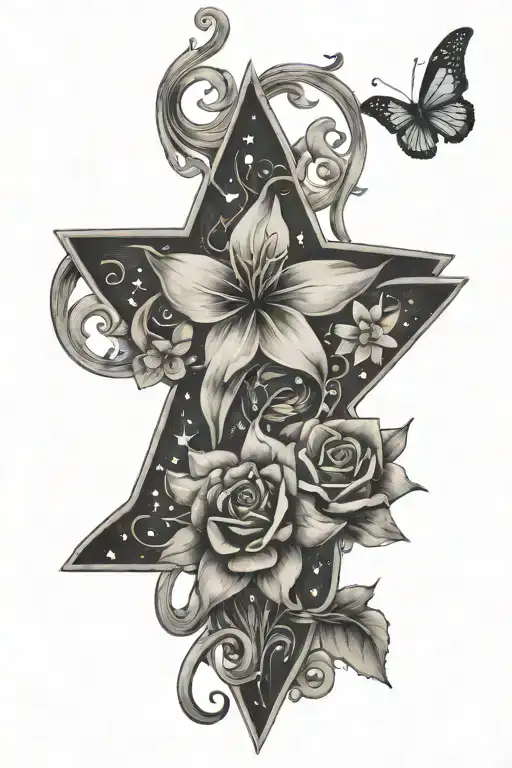 tx stars flowers surrounding brooklyn with small music  tattoo design idea