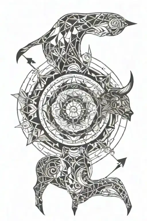 taurus zodiac sign, bull head, compass rose, arrows tattoo design idea