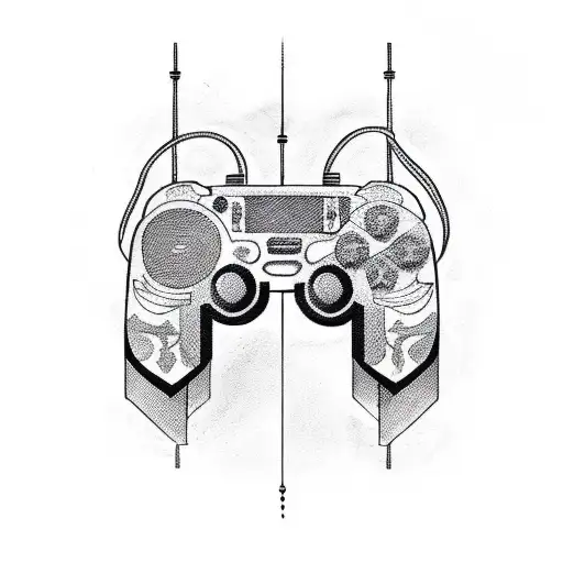 A tattoo design showcasing a gaming controller with intricate patterns inspired by religious symbols tattoo design idea