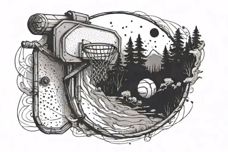 A basketball hoop made out of hiking gear, with a trail leading up to it tattoo design idea