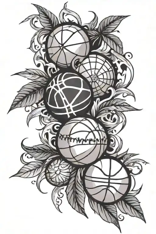 A tribal-inspired design featuring basketballs and ganja leaves intertwined tattoo design idea