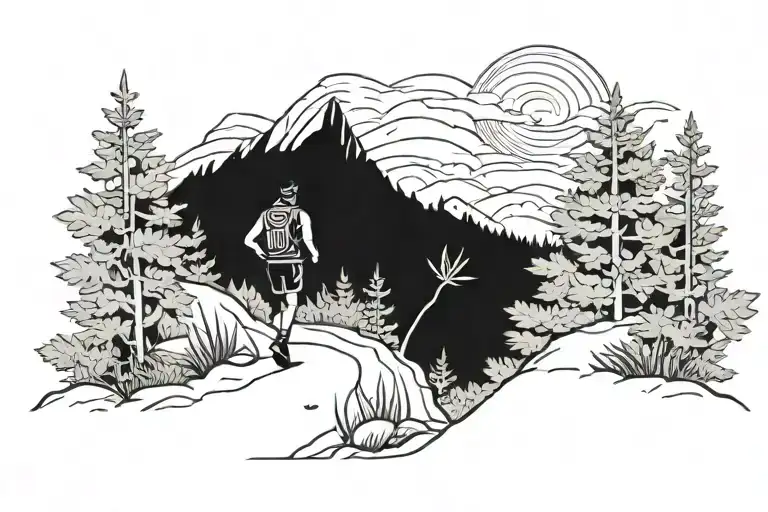 A basketball player hiking up a mountain trail, with a subtle weed leaf incorporated in the background tattoo design idea