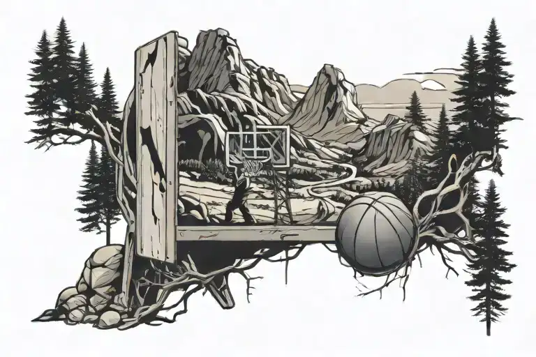 A basketball hoop made out of hiking gear, with a trail leading up to it tattoo design idea