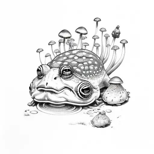 Toad surrounded by mushrooms, flowers, moths and snail tattoo design idea