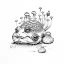 Toad surrounded by mushrooms, flowers, moths and snail tattoo design idea