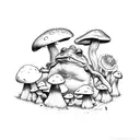 Toad surrounded by mushrooms, flowers, moths and snail tattoo design idea
