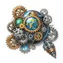 A realistic planet with colorful rings consisting of gears and engineering objects tattoo design idea