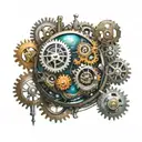 A realistic planet with colorful rings consisting of gears and engineering objects tattoo design idea