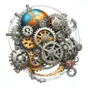 A realistic planet with colorful rings consisting of gears and engineering objects tattoo design idea
