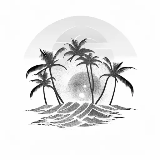 A palm tree silhouette with a sunset and waves inside tattoo design idea