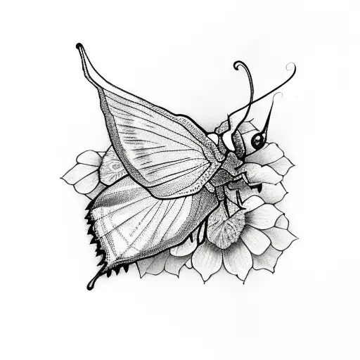 luna moth in red ink with flowers around it tattoo design idea
