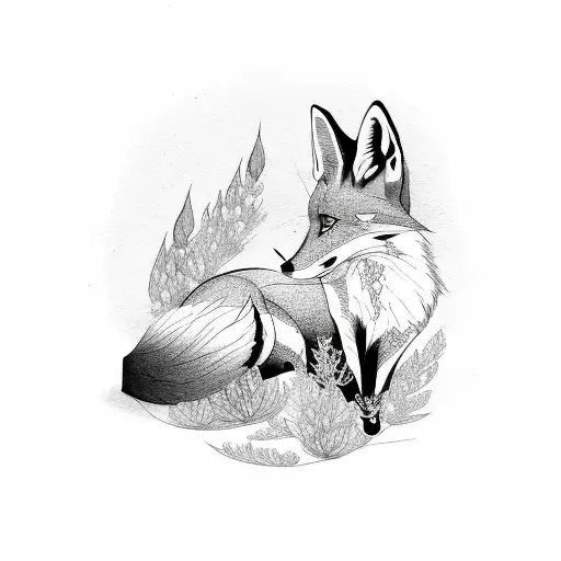 A fox curled up with heather twigs tattoo design idea