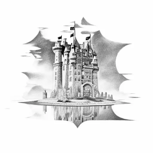 a castle with a mirrored image in the sky tattoo design idea