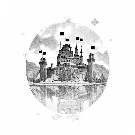 a castle with a mirrored image in the sky tattoo design idea