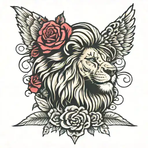 lion head on rose flowers with blade and wing tattoo design idea