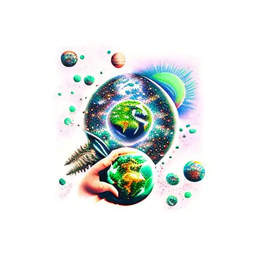 moños de marihuana cayendo sobre el planeta tierra como meteoritos tattoo design idea