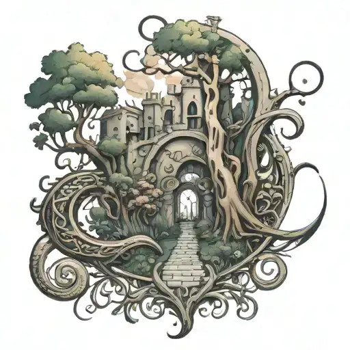 For a full sleeve tattoo design, you could describe it as follows:  Picture a medieval-style pathway winding along the f tattoo design idea