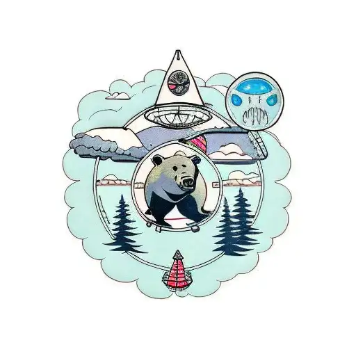bear, ufo, forest, cow, flying saucer tattoo design idea