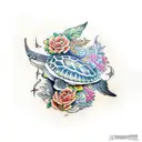 spotted eagle ray, sea turtle with flowers tattoo design idea