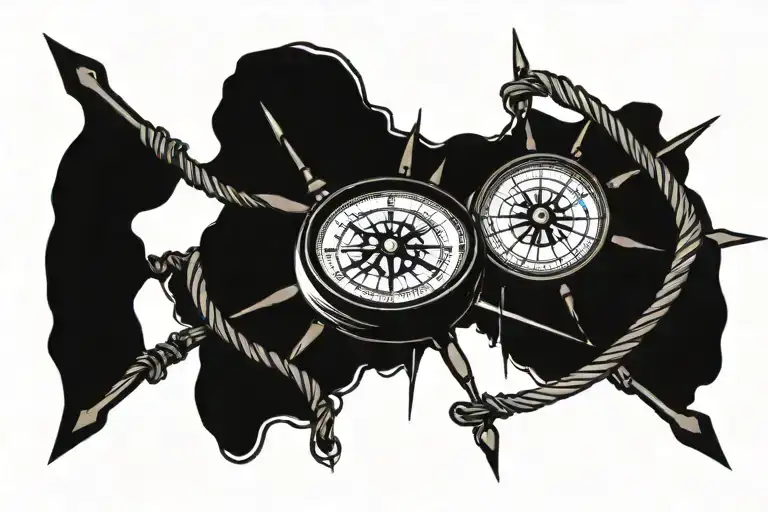 Compass entangled with ropes and connected to a steering wheel tattoo design idea